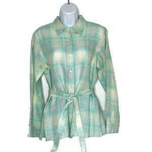 Talbots Petites Irish Linen Button Up Shirt w Belt sz 10P Blue Plaid Coastal
